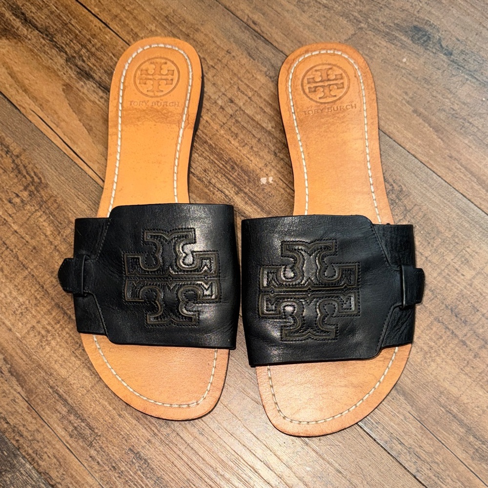 Tory Burch Black Leather Slide Sandals with Tan Footbed